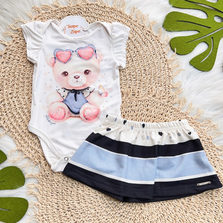 Conj. Body Ursinha com Óculos e Saia - Off White e Azul